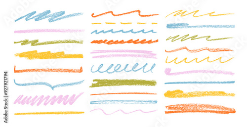 Various hand drawn crayon stripes and underlines collection. Pencil colored strips and rough highlighters.