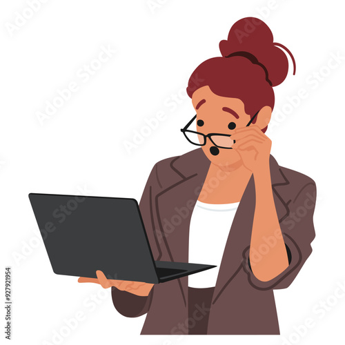 Surprised Woman Character With Glasses, Holding And Looking At A Laptop Screen, Cartoon Vector Illustration