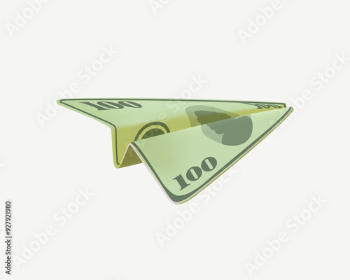 One hundred dollar plane 3D style illustration isolated on white background. Dollar airplanes. 100 US dollars banknote