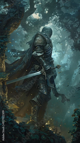 The Knight's Vigil: A lone knight in full armor stands guard in a moonlit forest, a symbol of courage, duty, and the unwavering spirit of a warrior, phone wallpaper