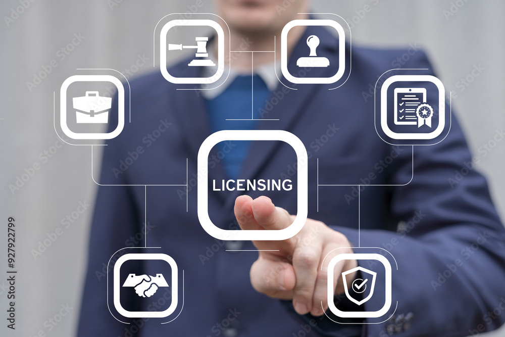 Man using virtual touch interface presses word: LICENSING. License agreement business technology concept. Copyright protection law license property rights.