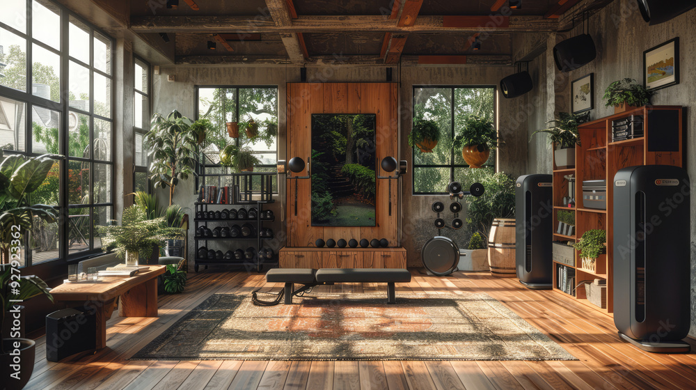 Fototapeta premium A home gym setup with smart fitness equipment, including an interactive workout mirror and connected weights