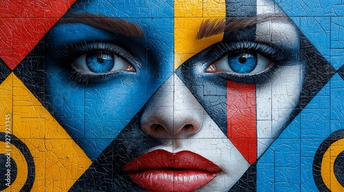 A vivid portrait of a face constructed with abstract geometric shapes, featuring bold colors like blue, red, yellow, and stark lines for an artistic effect. photo