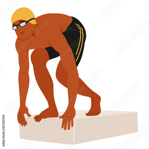 Professional Swimmer In A Crouching Position, Ready To Dive From The Starting Block. Athlete Is Wearing Swim Goggles