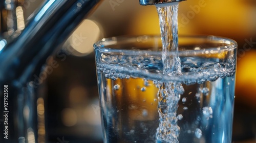 A glass of clear water is being filled under a kitchen faucet. The image focuses on the flow of water and the transparency of the glass, highlighting purity and hydration.