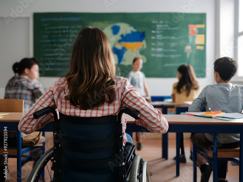 Concepto de educación inclusiva con vista posterior de una estudiante en silla de ruedas en el aula
