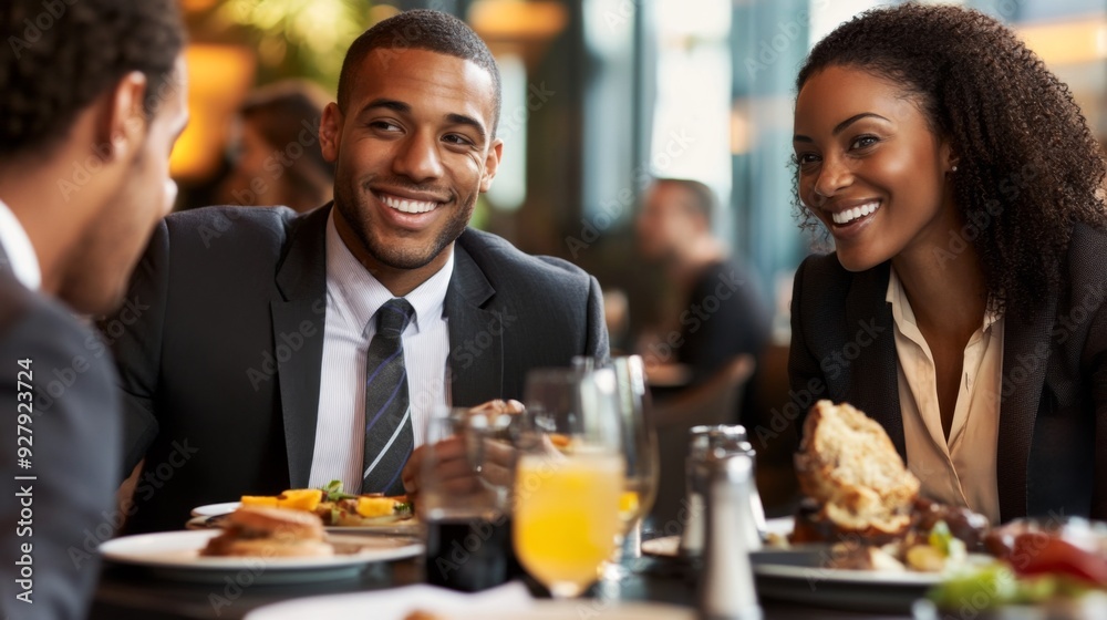 A group of professionally dressed individuals engaged in a positive and friendly conversation during a business meeting in a stylishly decorated restaurant. A group of professionally dressed individuals engaged in a positive and friendly conversation during a business meeting in a stylishly decorated restaurant.