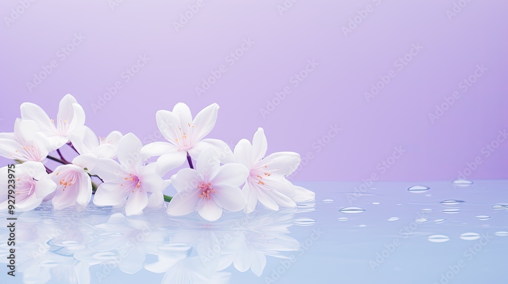 White Flowers Floating on Water with Purple Background and Water Droplets White Flowers Floating on Water with Purple Background and Water Droplets