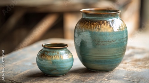 A captivating photograph of two rustic ceramic pots, one large and one small, positioned on a weathered wooden surface, showcasing the beauty of traditional craftsmanship.