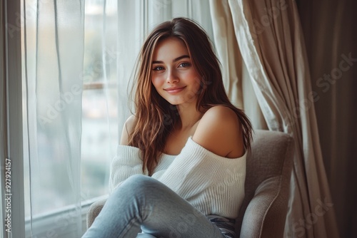 Young relaxed smiling pretty woman relaxing sitting on chair at home. Happy positive beautiful lady feeling joy enjoying wellbeing and lounge chilling near window in modern cozy apartment interior.