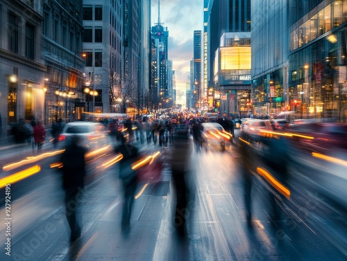 Busy city street with commuters during rush hour, showcasing urban lifestyle in bustling metropolis