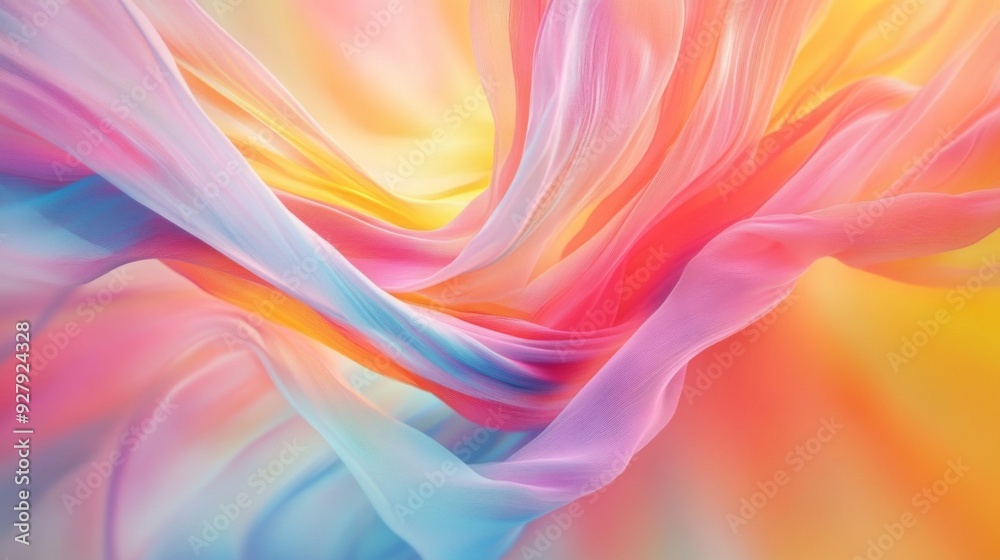 A mesmerizing display of vibrant pastel translucent fabric, softly waving in an abstract form. The soft hues blend seamlessly to create a dreamy ambiance. A mesmerizing display of vibrant pastel translucent fabric, softly waving in an abstract form. The soft hues blend seamlessly to create a dreamy ambiance.