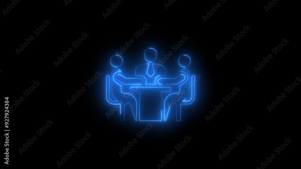 Three neon people sitting at a table with a speech bubble containing metting marks animated on the black background Three neon people sitting at a table with a speech bubble containing metting marks animated on the black background