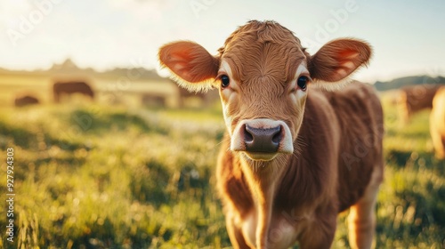 A young, adorable calf stands in a sunlit meadow, surrounded by vibrant green grass and bathed in warm sunlight, with a curious and innocent gaze as it looks at the viewer.