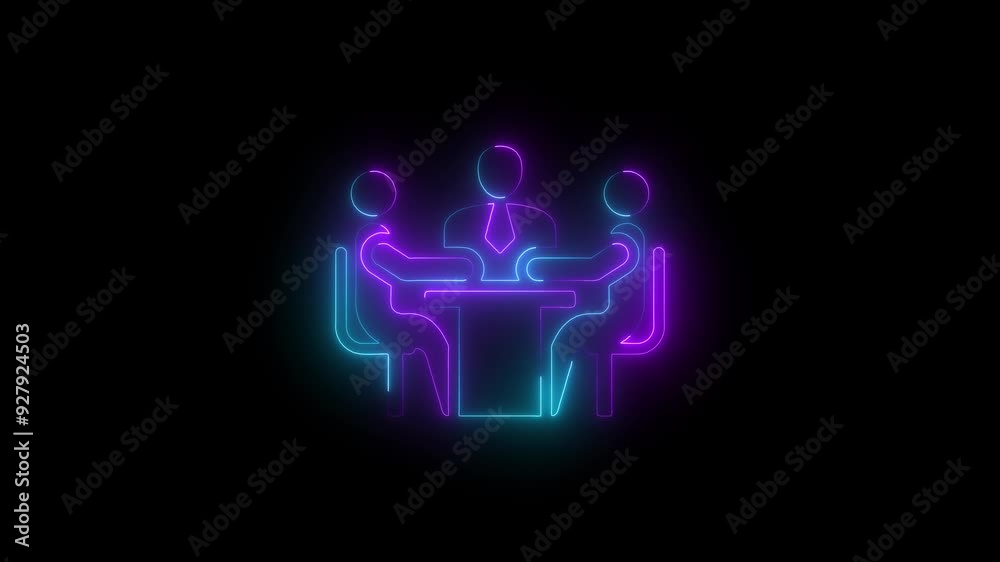 Three neon people sitting at a table with a speech bubble containing metting marks animated on the black background Three neon people sitting at a table with a speech bubble containing metting marks animated on the black background