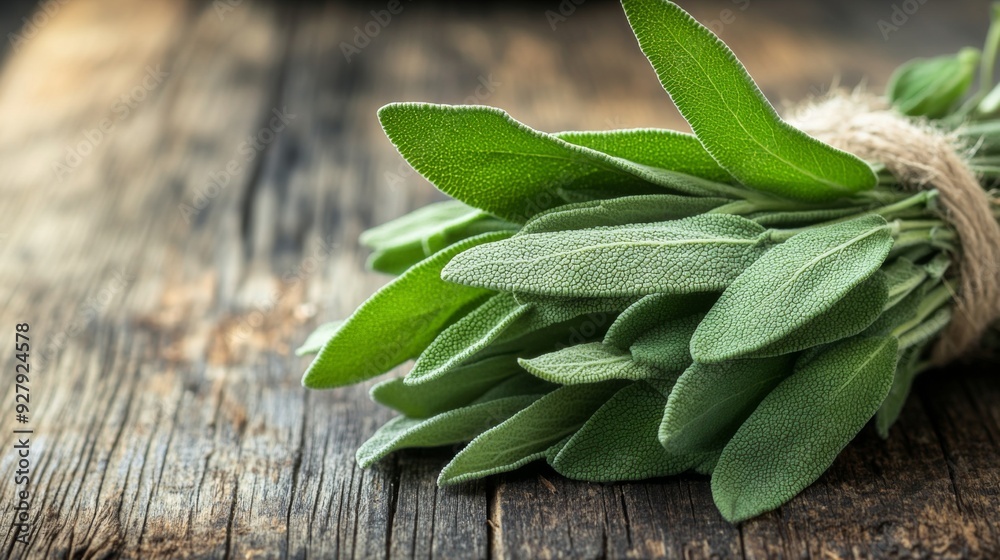 A bundle of fresh sage leaves, tied together with a string, placed on a rustic wooden table. The sage leaves are vibrant green and have a textured surface. A bundle of fresh sage leaves, tied together with a string, placed on a rustic wooden table. The sage leaves are vibrant green and have a textured surface.