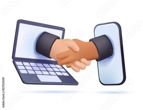 Online conclusion of the transaction 3D style. The opening of a new startup. business handshake, via phone and laptop. 3D vector illustration in a 3D style investor holds money in ideas online vector