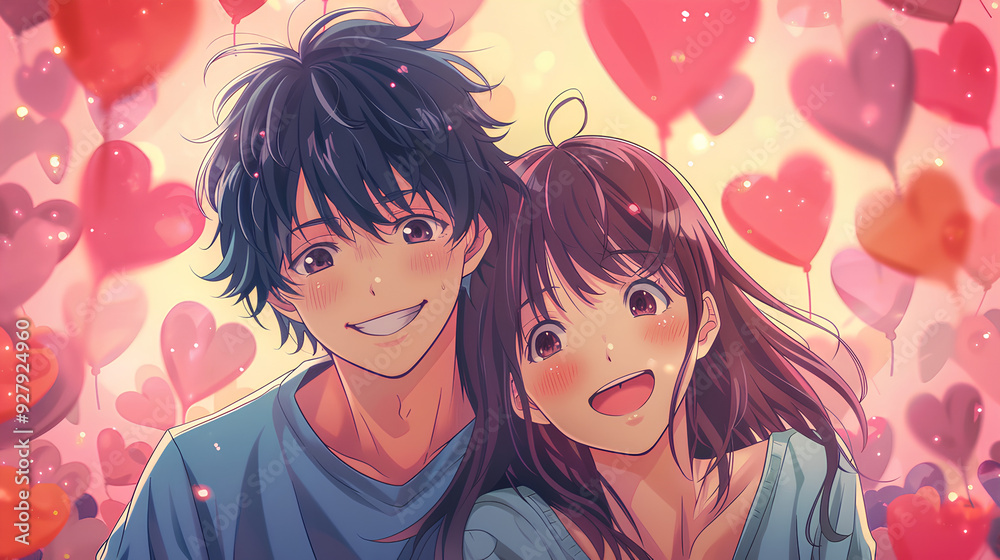 anime teenage couple with love background