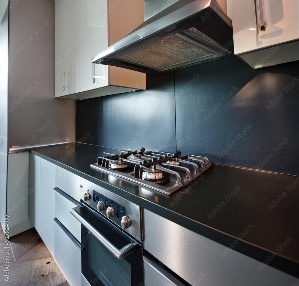 Beautiful stainless steel stove and large hood in new luxury home