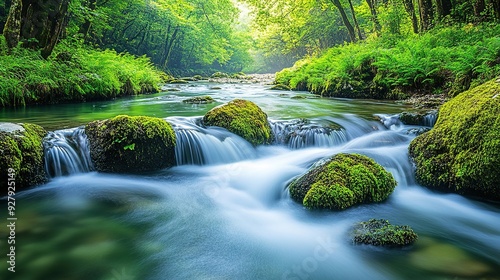Crystal clear water flowing over smooth rocks with vibrant moss and ferns growing along the riverbank