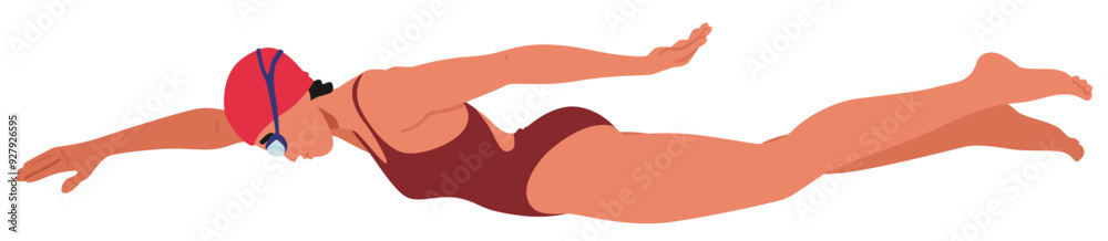 Swimmer Woman Wearing A Cap And Goggles, Performing The Butterfly Stroke, Depicted In Mid-motion, Showcasing Strength Swimmer Woman Wearing A Cap And Goggles, Performing The Butterfly Stroke, Depicted In Mid-motion, Showcasing Strength