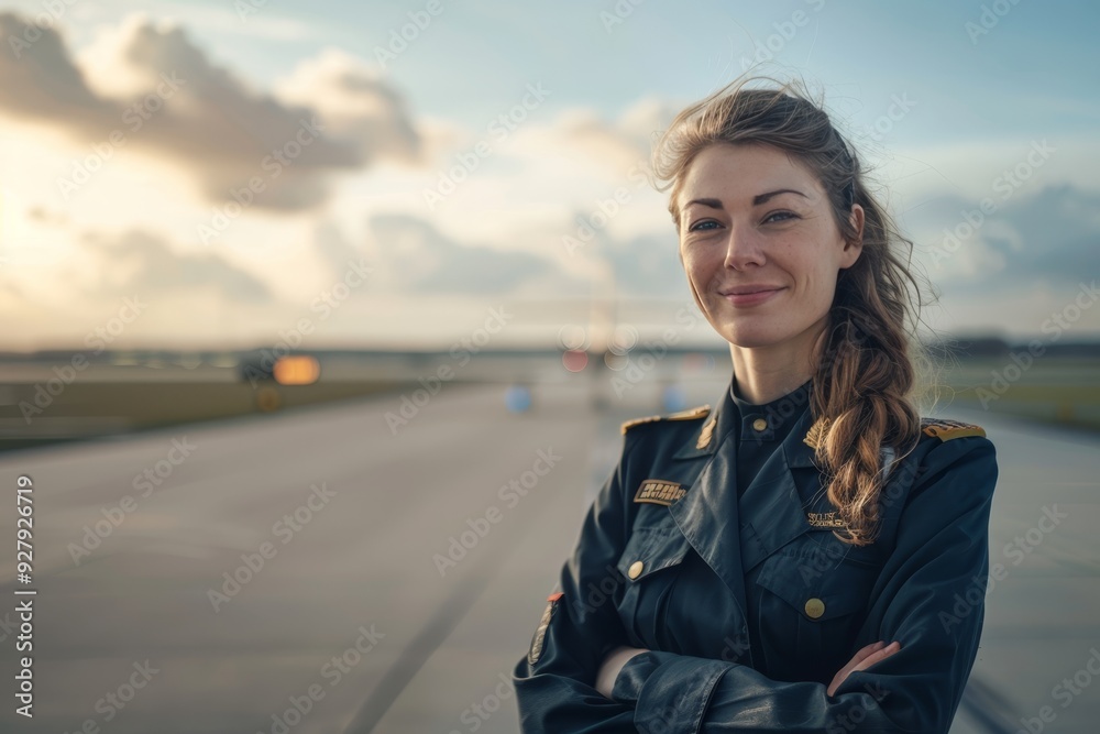 Happy female pilot next to aircraft on runway under cloudy sky, exuding confidence Happy female pilot next to aircraft on runway under cloudy sky, exuding confidence