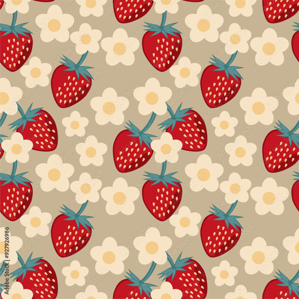 Seamless print pattern wallpaper background with strawberries fresh vegetarian 