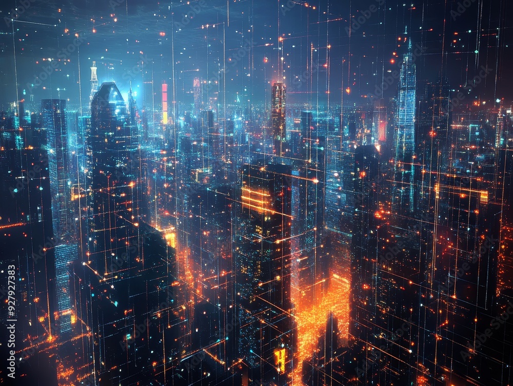 Obraz premium Futuristic urban grid digital transformation in cityscape with illuminated connectivity