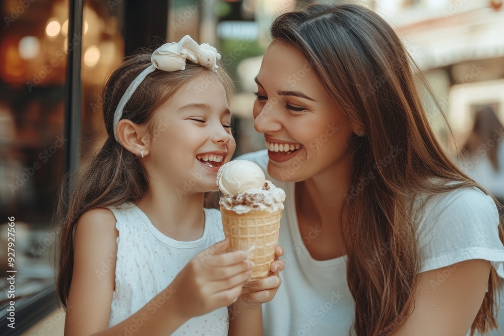 Mother daughter bonding over ice cream at outdoor pastry shop, sharing a joyful moment together Mother daughter bonding over ice cream at outdoor pastry shop, sharing a joyful moment together