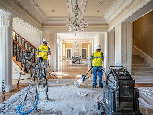 Cleaning service workers using professional equipment to clean home post renovation photo