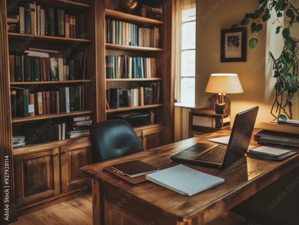 Modern cozy workspace with laptop, books, and documents on wooden desk in home office setting Modern cozy workspace with laptop, books, and documents on wooden desk in home office setting