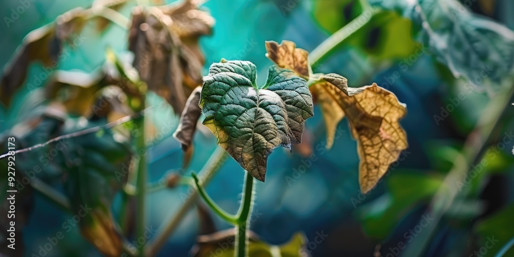 Fototapeta premium Dried leaves on cucumber plant due to improper care in indoor pot cultivation