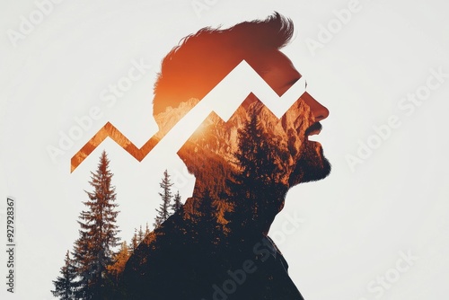 Mans profile blended with mountain landscape symbolizing the quest for adventure and personal growth
