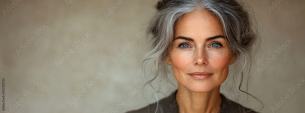 An elegant and chic elderly Spanish woman with gray hair and perfect skin smiling against a creamy beige background banner. An elegant and chic elderly Spanish woman with gray hair and perfect skin smiling against a creamy beige background banner.