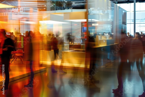 A busy convention center with people walking around and a blurry background photo