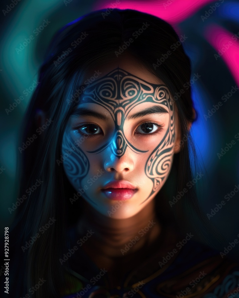 Portrait of a Young Woman with Intricate Facial Tattoo and Neon Lighting Portrait of a Young Woman with Intricate Facial Tattoo and Neon Lighting