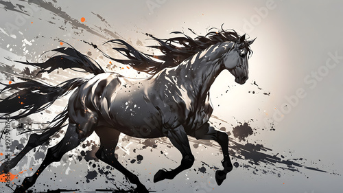 Black Stallion in Motion: A Watercolor-Inspired Artistic Render