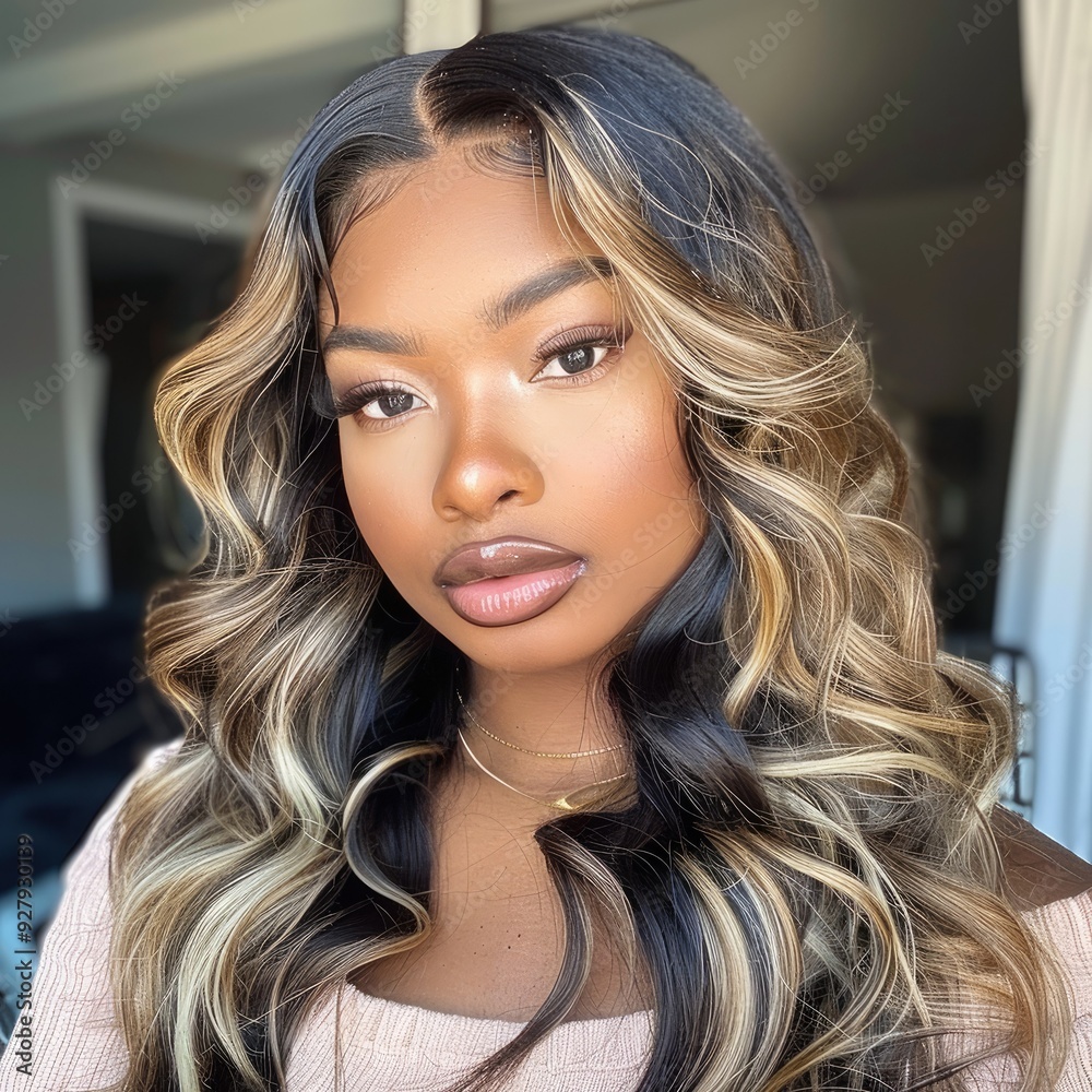 Obraz premium Woman with Long Wavy Black and Blonde Hair