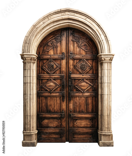 Beautiful antique wooden door with an arch isolated on a white and transparent background. PNG.