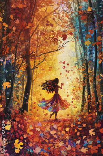 A girl twirls amidst colorful autumn leaves in a serene forest setting