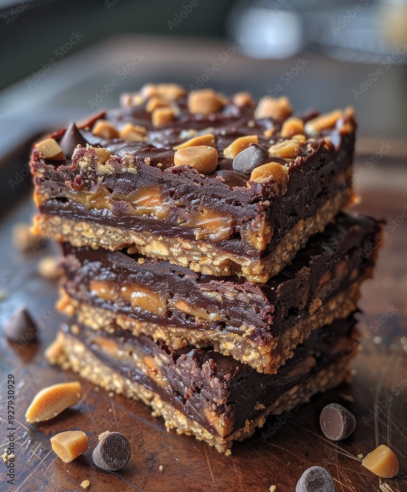 Stack of Chocolate Caramel Bars with Peanut Butter Chips Stack of Chocolate Caramel Bars with Peanut Butter Chips