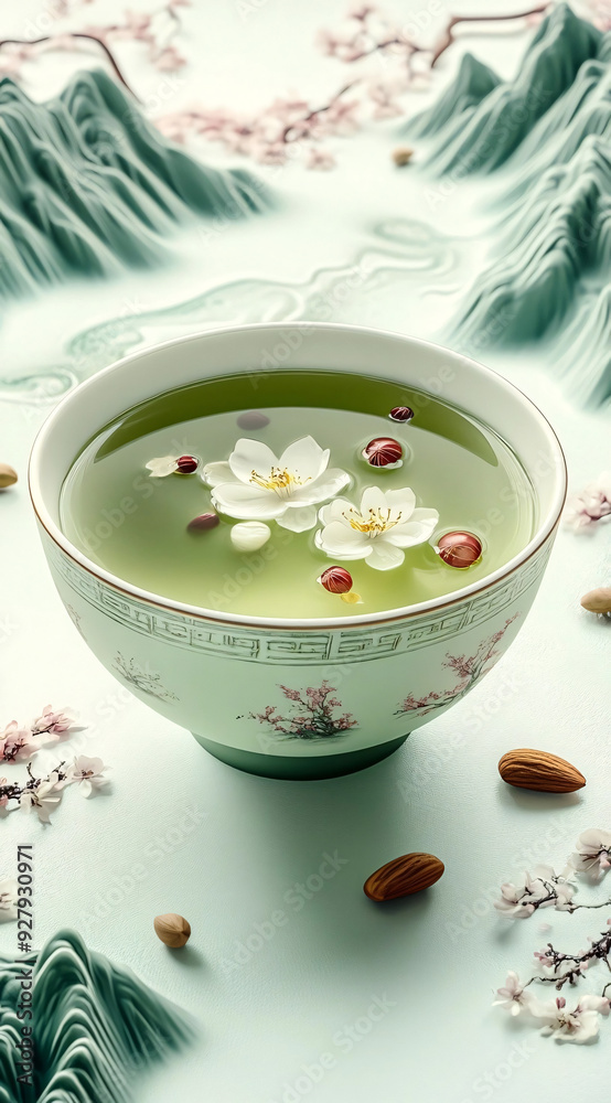 A delicate porcelain tea cup filled with green tea, adorned with floating white flowers and small decorative seeds, set against a serene backdrop featuring soft pastel mountains and blossoming cherry A delicate porcelain tea cup filled with green tea, adorned with floating white flowers and small decorative seeds, set against a serene backdrop featuring soft pastel mountains and blossoming cherry