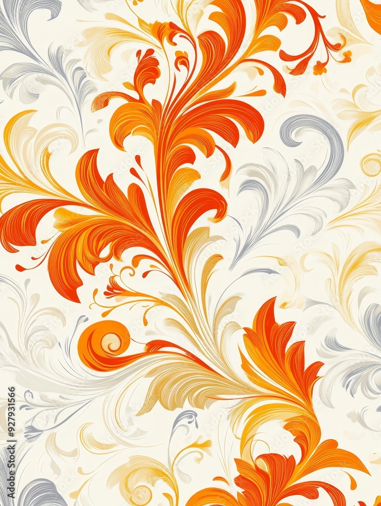Intricate Floral Design with Swirling Orange and Gray Motifs Intricate Floral Design with Swirling Orange and Gray Motifs