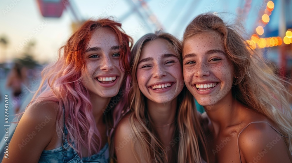 Three friends smiling and laughing together. AI. Three friends smiling and laughing together. AI.