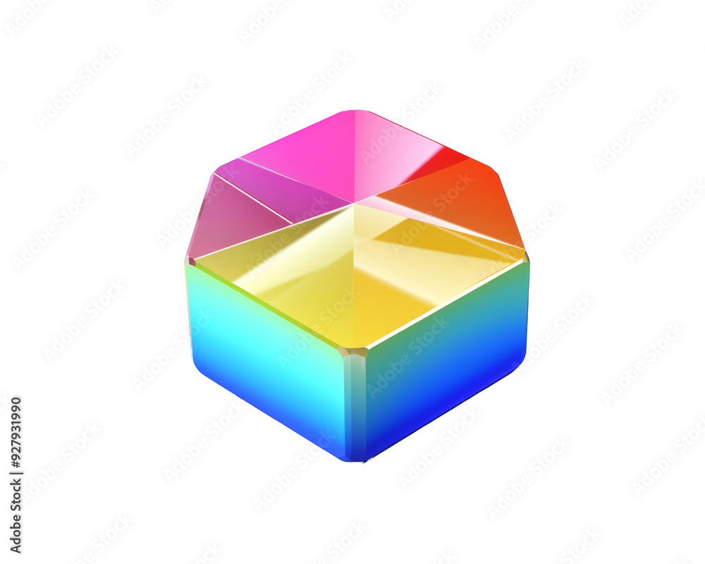 Obraz premium A 3D, iridescent, hexagonal shape with pink, red, yellow, green, and blue colors.