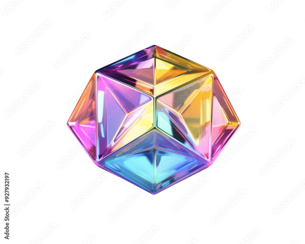 A iridescent geometric shape with many facets, resembling a gemstone, on a transparent background. A iridescent geometric shape with many facets, resembling a gemstone, on a transparent background.