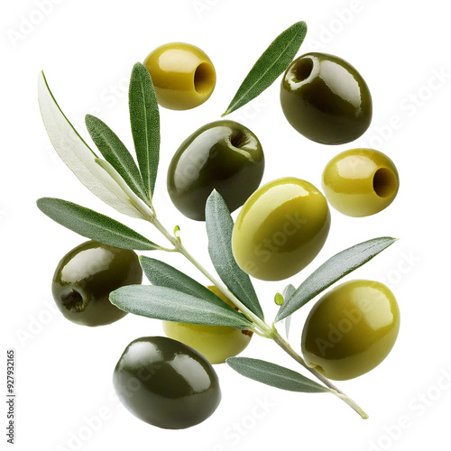 fresh olive fruit and leaves falling on transparent background