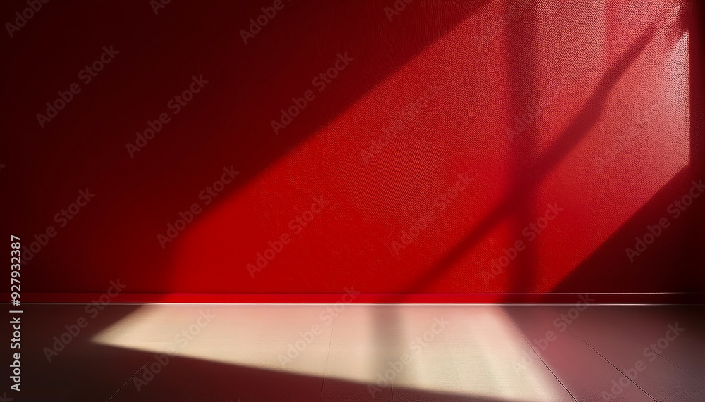 Red blank wall interior background, with shadow from window. Background concept studio and backdrops show products.