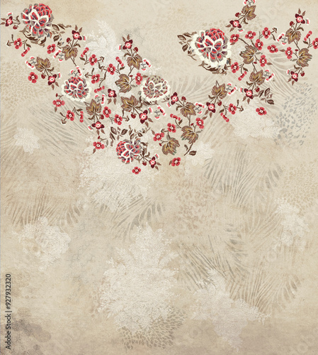 Colorful asian style floral pattern. Dark background floral tapestry with traditional asian style, design for decoration and textiles.