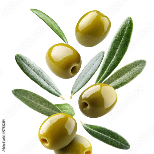 fresh olive fruit and leaves falling on transparent background